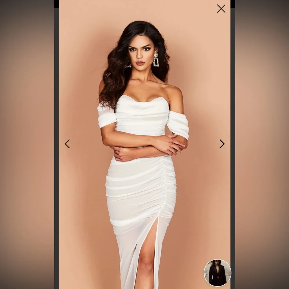 NWT Nookie $400 White Off-Shoulder Ruched Sheer bottom Dress Size S - Picture 3 of 6